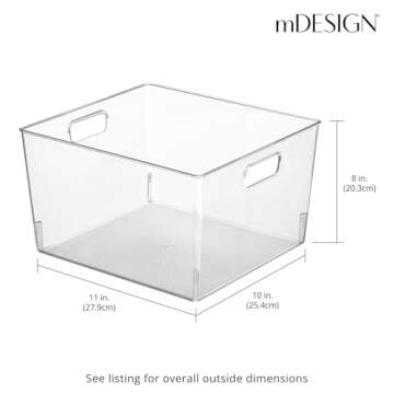 mDesign Large Modern Stackable Plastic Storage Organizer Bin Basket with Handles for Bathroom Vanity Organization - Shelf, Cubby, Cabinet, or Closet Organizing Decor - Ligne Collection - 4 Pack, Clear