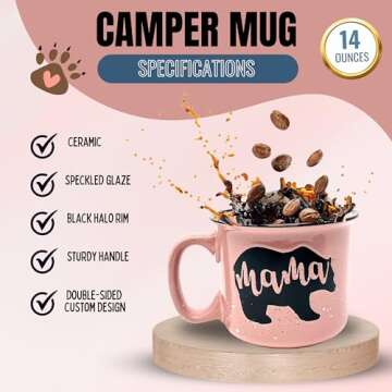 Mama Bear Ceramic Coffee Mug for Mom, Wife, Women – Unique Coral Ceramic Mug – Fun Gifts for Her on Mother’s Day, Birthday, or Christmas – Cute Coffee Cup for Moms, Wives, and Coffee-Loving Women