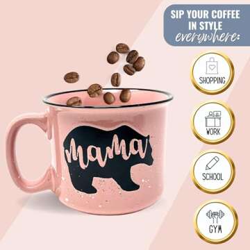 Mama Bear Ceramic Coffee Mug for Mom, Wife, Women – Unique Coral Ceramic Mug – Fun Gifts for Her on Mother’s Day, Birthday, or Christmas – Cute Coffee Cup for Moms, Wives, and Coffee-Loving Women