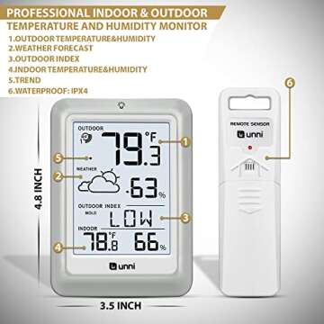 Indoor Outdoor Thermometer Hygrometer Wireless Weather Station, Temperature Humidity Monitor Battery Powered Inside Outside Thermometers with 330ft Range Remote Sensor and Backlight Display