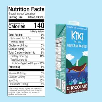 Kiki Milk Plant Based Milk - Organic Chocolate Milk - Calcium & Magnesium Source - Gluten Free, Gum Free, GMO Free, Dairy Free, Soy Free, Glyphosate Free - Shelf Stable - (32 oz • Pack of 6)