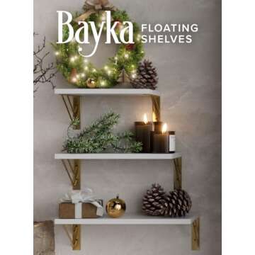 BAYKA Wall Shelves for Bedroom Decor, Floating Wall Shelves for Living Room Kitchen Storage, Wall Mounted Rustic Wood Shelves for Kids Books, Small Shelf for Bathroom(White and Gold，Set of 3)