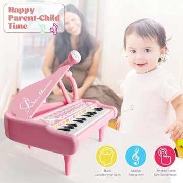 Love&Mini Piano Keyboard Toy for Girls - 24 Keys Toddler Piano Music Toy Instruments with Microphone, Pink Piano Toys for 1 2 3 Years Old Girls Birthday Xmas Gift