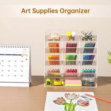 BEYGORM Acrylic Vertical Marker Organizer for 150 Markers,Angled Pen Holders Desktop Organization,Clear Large Stationary Pencil Holder for Desk,Art Supply Storage Organizers for School Supplie