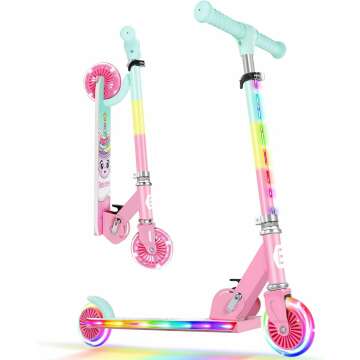 BELEEV V2 Scooters for Kids with Light-Up Wheels & Stem & Deck, 2 Wheel Folding Scooter for Girls Boys, 3 Adjustable Height, Non-Slip Pattern Deck, Lightweight Kick Scooter for Children Ages 3-12