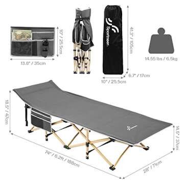 Sportneer Camping Cot: 1200D Double Layer Oxford Foldable Camping Cots for Adults - Heavy Duty Cots for Camping Travel Tent Day Outdoor & Home Guest, Camping Cots with Carry Bag & 2 Side Pockets