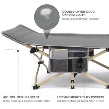 Sportneer Camping Cot: 1200D Double Layer Oxford Foldable Camping Cots for Adults - Heavy Duty Cots for Camping Travel Tent Day Outdoor & Home Guest, Camping Cots with Carry Bag & 2 Side Pockets