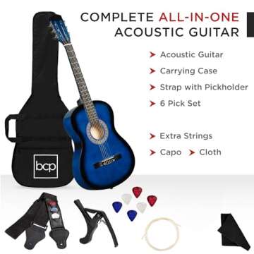 Best Choice Products 38in Beginner All Wood Acoustic Guitar Starter Kit w/Gig Bag, 6 Celluloid Picks, Nylon Strings, Capo, Cloth, Strap w/Pick Holder - Blueburst