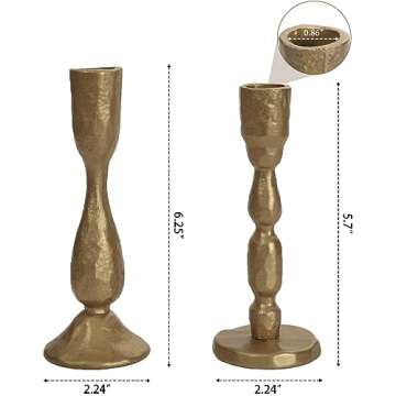 Antique Brass Handcrafted Iron Taper Candle Holders - Set of 2 Decorative Candlesticks for Weddings, Dining, and Parties