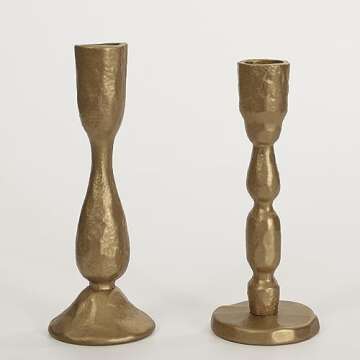 Antique Brass Handcrafted Iron Taper Candle Holders - Set of 2 Decorative Candlesticks for Weddings, Dining, and Parties