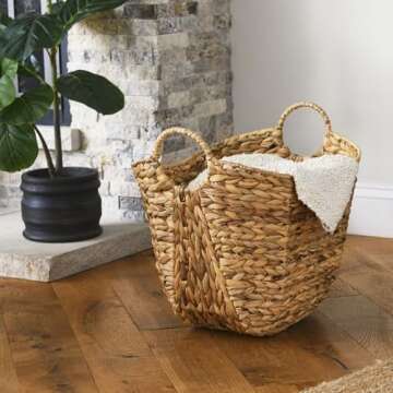 Household Essentials ML-4002 Tall Water Hyacinth Wicker Basket with Handles | Natural, Brown, Natural