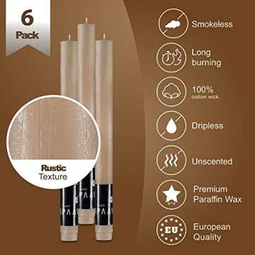 SPAAS Rustic Beige Dinner Candles - 10" Tall Rustic Candles, Set of 6 Dripless Beige Candles - Unscented Long Burning Decorative Candles for Home Decor, Table Candles, Party, Wedding, and Holiday