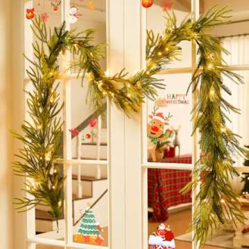 EXKRAEFT Christmas Pine Garland with Lights for Decorations 9FT Artificial Norfolk Pine Garland Realistic, Prelit Garland Lighted Christmas Garland for Mantle Christmas Garland Battery Operated