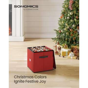 SONGMICS Christmas Ornament Storage Box, 3 Inches 64 Slots, Stackable Christmas Storage Container with Lid, Dual Zippers, Adjustable Dividers, Non-Woven Fabric, Cherry Red URFB036R01