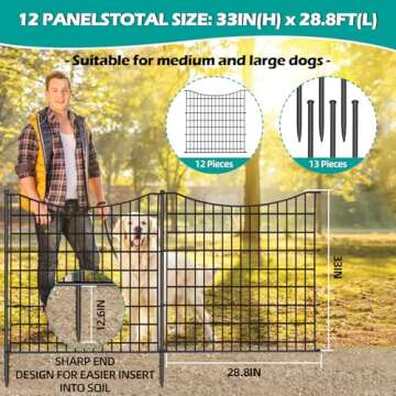 12 Panels No Dig Decorative Garden Fence, 33 in(H) X 28.8 ft(L) Garden Fencing Animal Barrier, Dogs Rabbits Pets Blocker, Rustproof Metal Decorative Fences for Yard, Outdoor, Patio