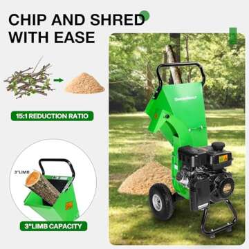 GARDENBEAUT S3 Wood Chipper Shredder, 7HP 212cc Gas Powered Heavy Duty, 3" Max Wood Diameter Capacity, 15: 1 Reduction Ratio, Easy Assembly, 1-Year Warranty After Product Registration