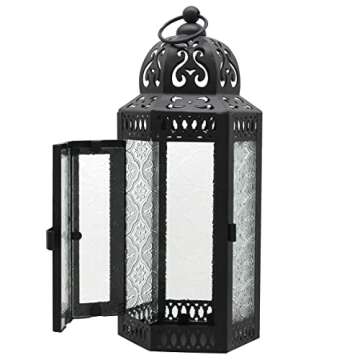 CVHOMEDECO. Decorative Candle Lantern Moroccan Lanterns Vintage Black Metal Lantern Holder for Home Patio Outdoor Decor. Clear Glass, Medium