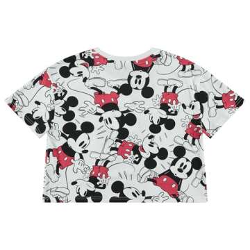 Disney Ladies Mickey Mouse Fashion Shirt Mickey Mouse Clothing - Mickey Mouse Allover Print Crop Top T-Shirt (White, Medium)