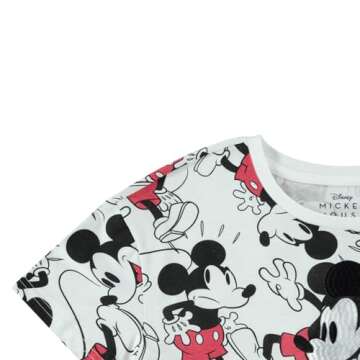 Disney Ladies Mickey Mouse Fashion Shirt Mickey Mouse Clothing - Mickey Mouse Allover Print Crop Top T-Shirt (White, Medium)