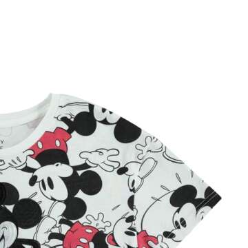 Disney Ladies Mickey Mouse Fashion Shirt Mickey Mouse Clothing - Mickey Mouse Allover Print Crop Top T-Shirt (White, Medium)