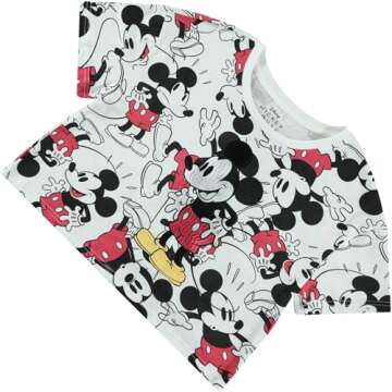 Disney Ladies Mickey Mouse Fashion Shirt Mickey Mouse Clothing - Mickey Mouse Allover Print Crop Top T-Shirt (White, Medium)