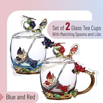 BTaT- Floral Glass Tea Cups with Lids, Pack of 2, Flower Tea Cups