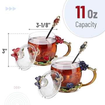 BTaT- Floral Glass Tea Cups with Lids, Pack of 2, Flower Tea Cups