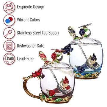 BTaT- Floral Glass Tea Cups with Lids, Pack of 2, Flower Tea Cups