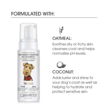 GIOVANNI Professional Foaming Waterless Pet Shampoo - Oatmeal & Coconut Helps Neutralize Odors, Cleanses, Silkens, Controls Static, Freshens Fur - 8 oz