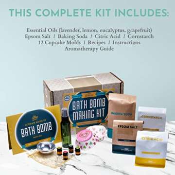 DIY Gift Kits Bath Bomb Making Kit, Make 12 All Natural Bath Bombs at Home, Made in The USA, 100% Pure, 4 Essential Oils, Epsom Salts, Cupcake Mold Liners, Recipes. STEM Science Kit or Gift