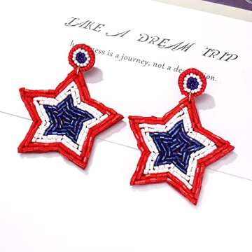 Patriotic Earrings 4 th of July Beaded Earrings Handmade Red White Blue American Flag USA Star Dangle Earrings Independence Day Holiday Gift for Women