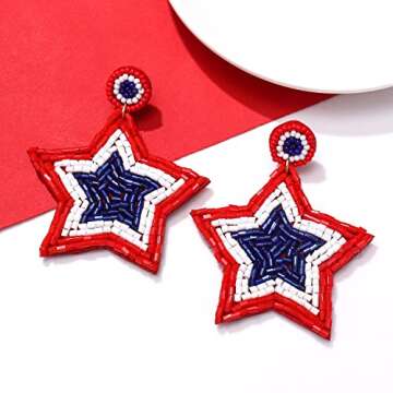 Patriotic Earrings 4 th of July Beaded Earrings Handmade Red White Blue American Flag USA Star Dangle Earrings Independence Day Holiday Gift for Women