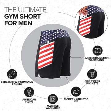 Anthem Athletics Hyperflex 7 in Men's Workout Shorts - Zipper Pocket Short for Running, Athletic & Gym Training - Black & American Flag G2 - Medium