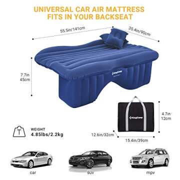 KingCamp Car SUV Inflatable Back Seat Air Mattress with Air Pump, 2 Pillows, Universal Car Air Bed Cushion, Portable Camping Car Blow Up Sleep Bed, Flocking Surface, Waterproof, Leak Proof, Blue