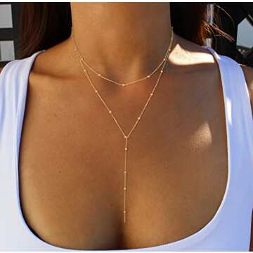 Foxgirl Dainty Long Gold Necklaces for Women, Trendy Lariat Y Necklace 14k Gold Plated Layered Beaded Drop Necklaces Simple Handmade Bar CZ Pendant Y-Shaped Chain Jewelry Gift Wedding