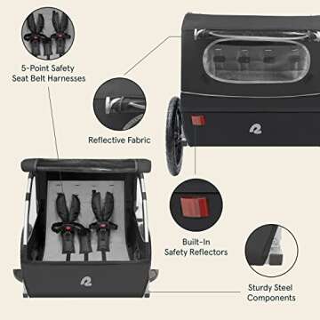 Retrospec Rover Kids Bicycle Trailer - Single & Double Passenger Children’s Foldable/Collapsible Tow Behind Bike Trailer with 16" Wheels, Safety Reflectors & Rear Storage Compartment - Black