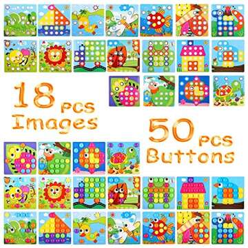 TINOTEEN Button Art Toy for Toddlers,Toddler Activities Crafts Color Matching Early Learning Educational Mosaic Pegboard 50 Buttons and 18 Pictures