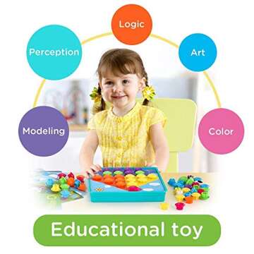 TINOTEEN Button Art Toy for Toddlers,Toddler Activities Crafts Color Matching Early Learning Educational Mosaic Pegboard 50 Buttons and 18 Pictures