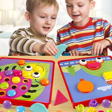 TINOTEEN Button Art Toy for Toddlers,Toddler Activities Crafts Color Matching Early Learning Educational Mosaic Pegboard 50 Buttons and 18 Pictures