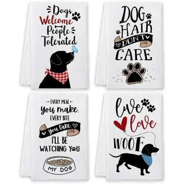 Bonsai Tree Dog Dish Towels and Dish Cloths, Dog Lover Owners Mom Gifts Funny Kitchen Hand Towels Sets of 4, Dogs Welcome People Tolerated Sayings Tea Towel Housewarming Decor for New Home Bathroom