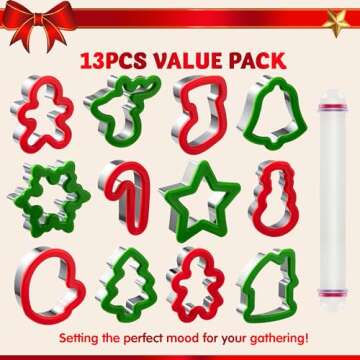 JOYIN 13 Pcs Christmas Cookie Cutters in Stainless Steel with 3.5í plus Grip and a Rolling Pin for Xmas Holiday Cookies Baking, Snowflake Cookies, Gingerbread Cookies, Party and Baking Gift