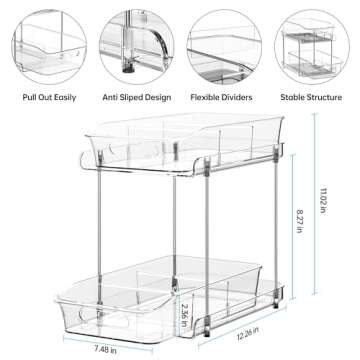 Delamu 2-Tier Clear Under Sink Organizers and Storage, Multi-Purpose Stackable Bathroom Cabinet organizers, Pull Out Kitchen Pantry Organization and Storage with Dividers