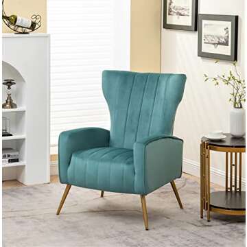 Container Furniture Direct Armchair Modern Velvet Accent Chair, Channel Tufted Bedroom, Office or Living Room Furniture with Elegant Metal Legs, Teal