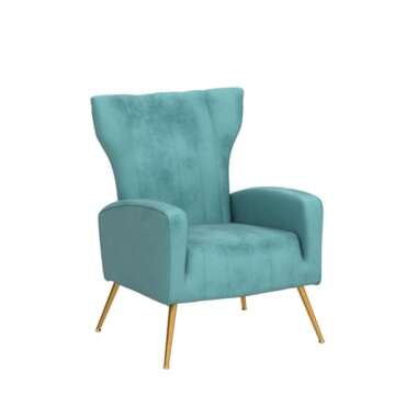 Container Furniture Direct Armchair Modern Velvet Accent Chair, Channel Tufted Bedroom, Office or Living Room Furniture with Elegant Metal Legs, Teal