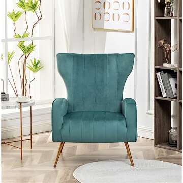 Container Furniture Direct Armchair Modern Velvet Accent Chair, Channel Tufted Bedroom, Office or Living Room Furniture with Elegant Metal Legs, Teal