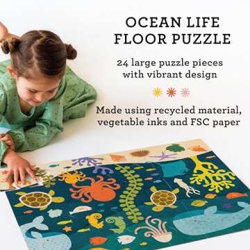 Petit Collage Floor Puzzle Ocean Life 24 Pieces | Large Puzzle for Kids | Completed Puzzle 18" x 24" | Great Gift for Kids Ages 3+