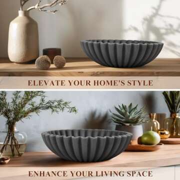 YMXYJM Large Decorative Bowl, Modern Handicraft Bowls for Home Decor, Decorative Fruit Bowl for Kitchen, Ruffle Bowl Decor, Stylish Key Bowl for Entry Table, Artificial Stone Black