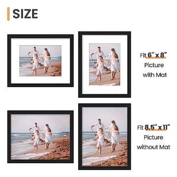 upsimples 8.5x11 Picture Frame Set of 10, Display Pictures 6x8 with Mat or 8.5x11 Without, Multi Photo Frames Collage for Wall or Tabletop Display, Black