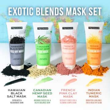 Freeman 4 Count Exotic Blends Face Mask Variety Set, Includes Clay, Peel-Off, Gel, & Cream Facial Masks, Skincare for Women, Face Mask Essentials Kit, Hydrating, Soothing, & Purifying, Cruelty-Free