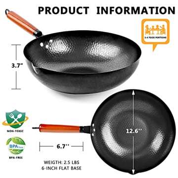 kaqinu Carbon Steel Wok Pan, 14 Piece Woks & Stir-Fry Pans Set with Wooden Lid Cookwares, No Chemical Coated Flat Bottom Chinese Pan for Induction, Electric, Gas, Halogen All Stoves - 12.6''